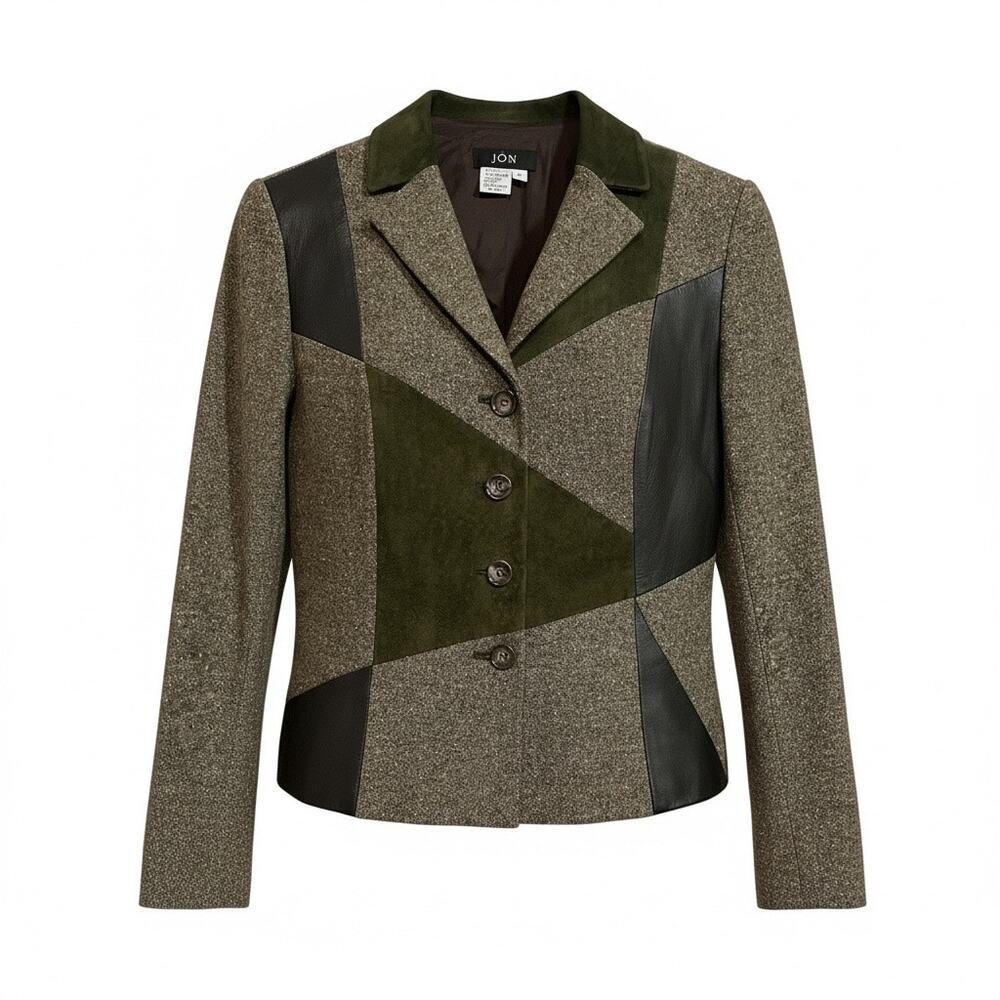 Patchwork Wool Leather Blazer Womens 8 Structured 90s Colorblock Korea